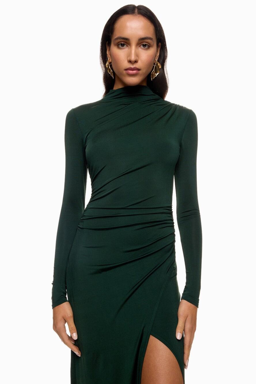 LAPOINTE Dark Green Jersey Draped Gown Medium Ruched Long Sleeve Slit Formal